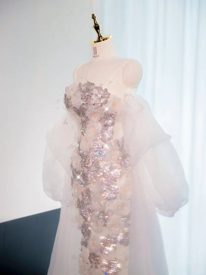 Chic Off-Shoulder Tulle Splicing Sheath Mermaid Dress Sweet 16 Beading Applique Design Prom Dress AP1030