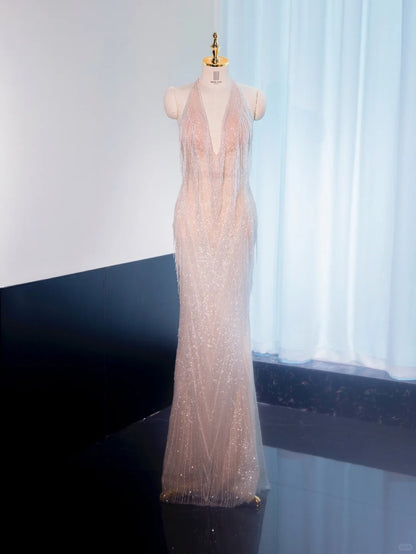 Charming Sequins Glittering Halter Mermaid Dress Backless Sparkle Tassel V-Neck Prom Dress AP1032