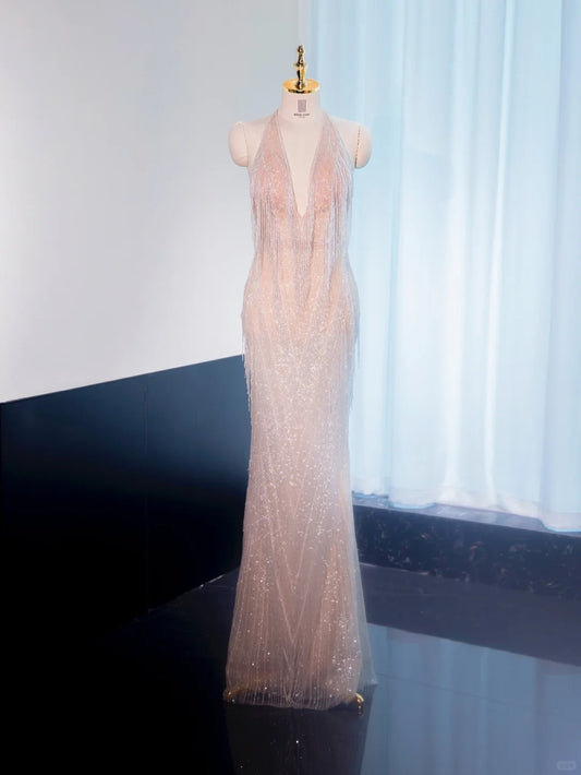 Charming Sequins Glittering Halter Mermaid Dress Backless Sparkle Tassel V-Neck Prom Dress AP1032