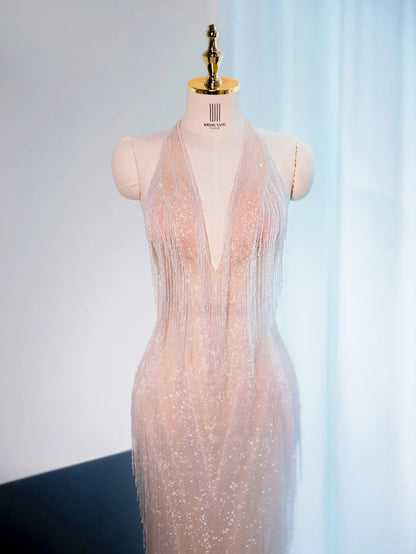 Charming Sequins Glittering Halter Mermaid Dress Backless Sparkle Tassel V-Neck Prom Dress AP1032
