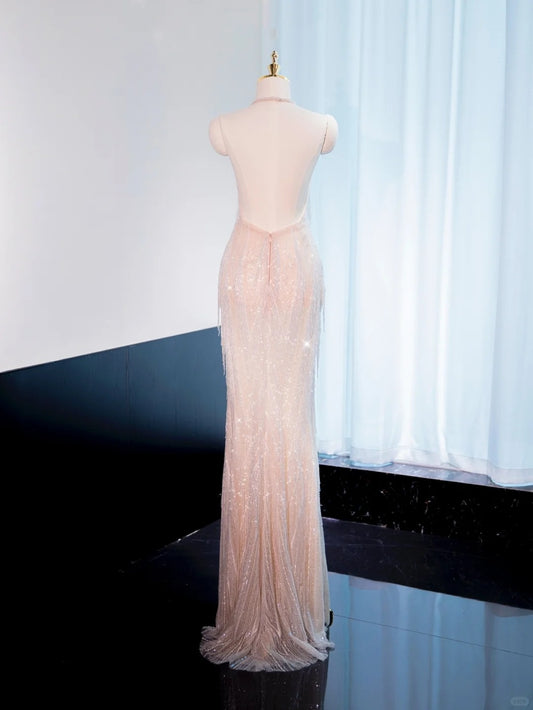 Charming Sequins Glittering Halter Mermaid Dress Backless Sparkle Tassel V-Neck Prom Dress AP1032