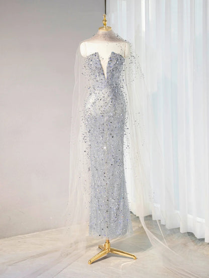 Lustrous Sequins Bodycon Mermaid Dress Tulle Stole V-Neck Strapless Prom Dress AP1035