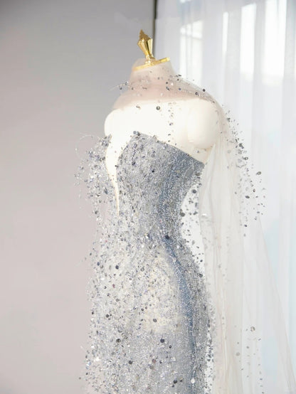 Lustrous Sequins Bodycon Mermaid Dress Tulle Stole V-Neck Strapless Prom Dress AP1035