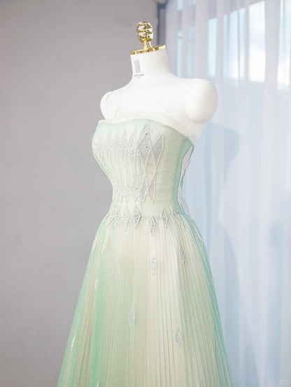 Gradient Green Layered Tulle Mermaid Dress Beading Pleated Mesh Strapless Prom Dress AP1036