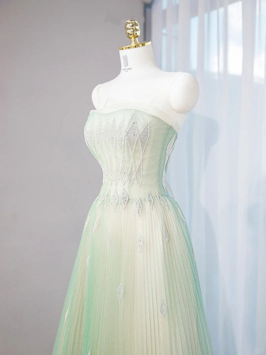 Gradient Green Layered Tulle Mermaid Dress Beading Pleated Mesh Strapless Prom Dress AP1036