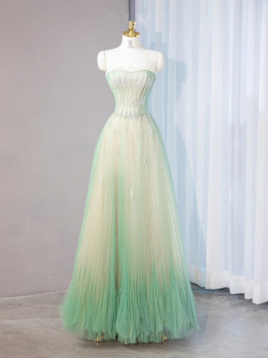 Gradient Green Layered Tulle Mermaid Dress Beading Pleated Mesh Strapless Prom Dress AP1036