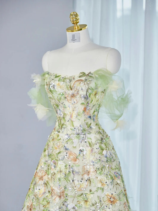 Forest-Inspired Applique Detail Sweet 16 Maxi Dress Off-Shoulder Sparkle Sequins A-Line Prom Dress AP1037