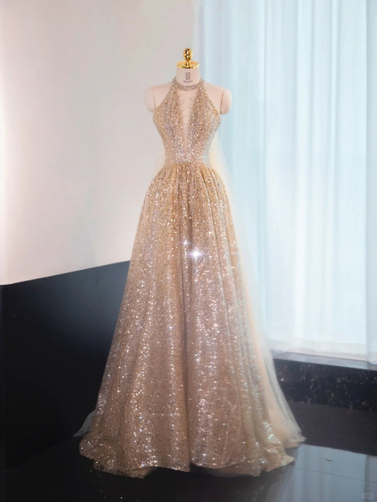 Sexy Champagne Glittering Sequins Halter Maxi Dress V-Neck Backless Tassel Layered Prom Dress AP1038