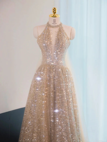 Sexy Champagne Glittering Sequins Halter Maxi Dress V-Neck Backless Tassel Layered Prom Dress AP1038