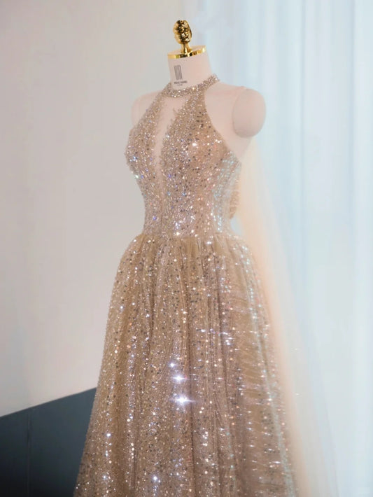 Sexy Champagne Glittering Sequins Halter Maxi Dress V-Neck Backless Tassel Layered Prom Dress AP1038