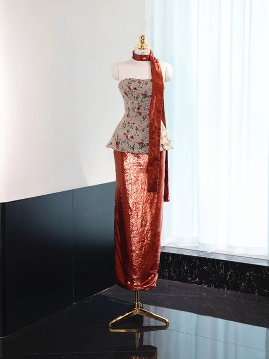 Vintage Beading Bodycon Mermaid Dress Vibrant Glittering Hem Strapless Applique Pattern Prom Dress AP1039