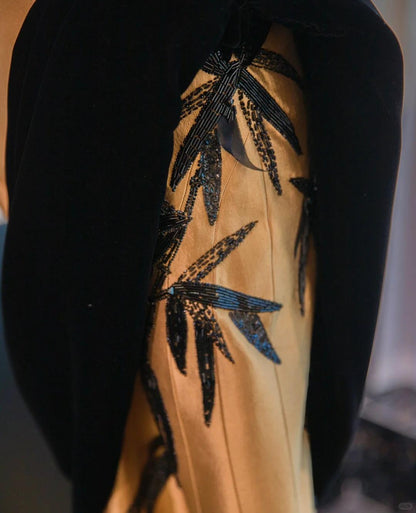 Retro Style Satin Fabric Gold Mermaid Dress Bamboo Sequins Design Prom Dress AP1040