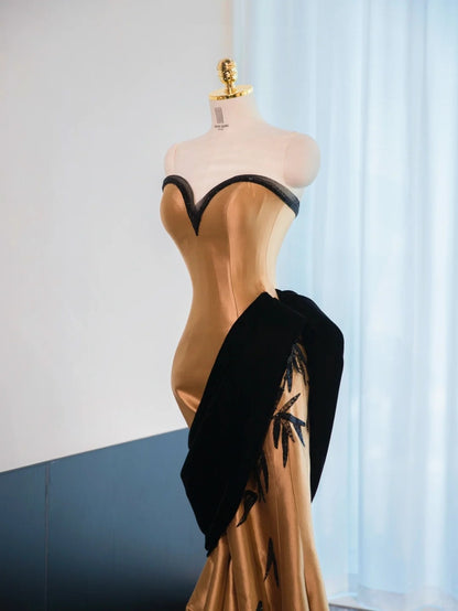 Retro Style Satin Fabric Gold Mermaid Dress Bamboo Sequins Design Prom Dress AP1040