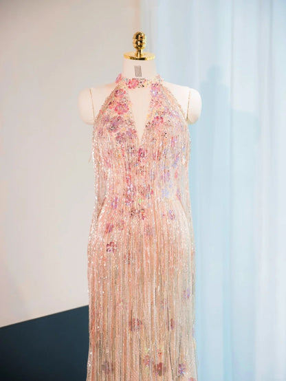 Novelty Floral Design Glittering Beading Halter Feast Dress V-Neck Lustrous Lining Tassel Prom Dress AP1043