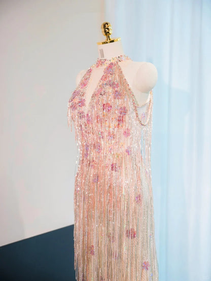 Novelty Floral Design Glittering Beading Halter Feast Dress V-Neck Lustrous Lining Tassel Prom Dress AP1043