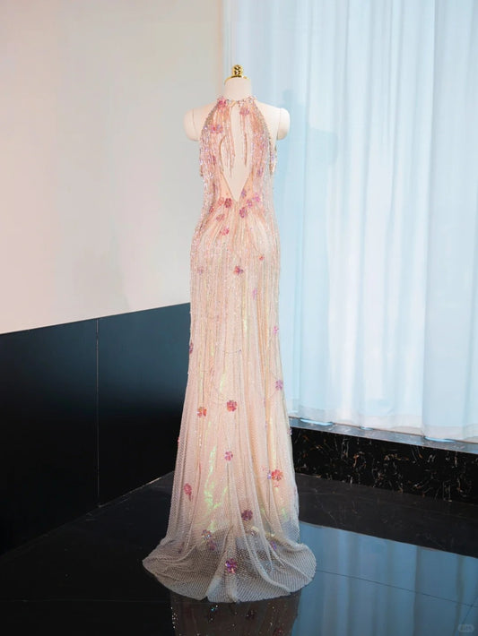 Novelty Floral Design Glittering Beading Halter Feast Dress V-Neck Lustrous Lining Tassel Prom Dress AP1043