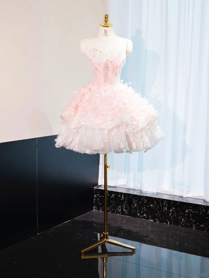 Cute Tiered Tulle Strapless Mini Dress Sparkly Sequins A-Line Petal Design Homecoming Dress AP1045