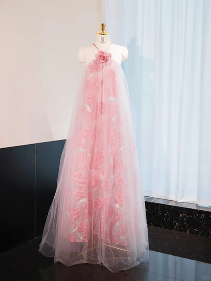 Cute Floral Design Tie-Back Halter Ceremonies Dress V-Neck Tulle Overlay Prom Dress AP1046