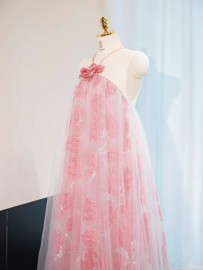 Cute Floral Design Tie-Back Halter Ceremonies Dress V-Neck Tulle Overlay Prom Dress AP1046