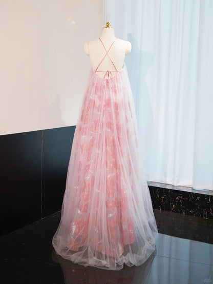 Cute Floral Design Tie-Back Halter Ceremonies Dress V-Neck Tulle Overlay Prom Dress AP1046