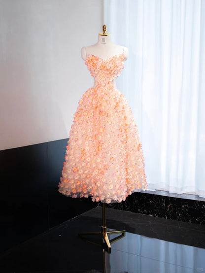 Vibrant Flowers Design Mesh Overlay Midi Dress Strapless Sparkly Sequins A-Line Prom Dress AP1047