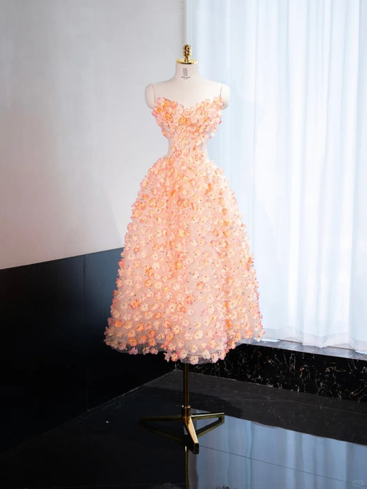 Vibrant Flowers Design Mesh Overlay Midi Dress Strapless Sparkly Sequins A-Line Prom Dress AP1047