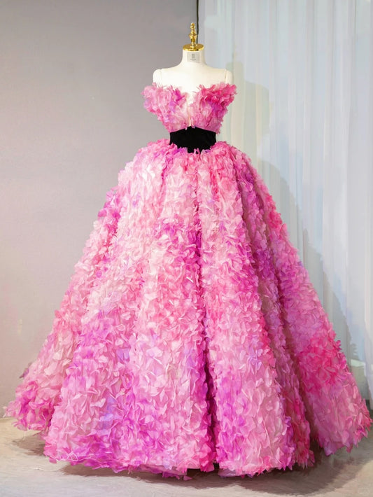 Dreamy Pink 3D Petal Sweet 16 Ball Gown Strapless V-Neck Black Waistband Prom Dress AP1048