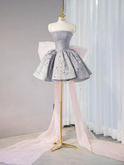 Classical Gray Beading Birthday Outfits Mini Dress Sparkly Sequins A-Line Pink Tulle Bow Homecoming Dress AP1049