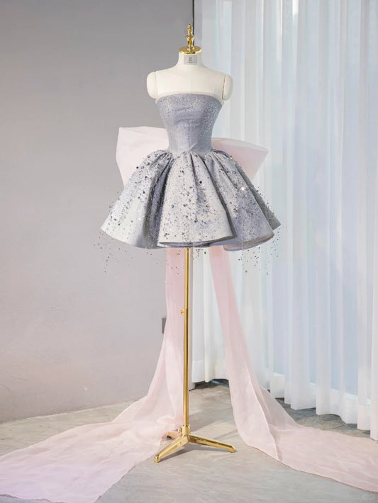 Classical Gray Beading Birthday Outfits Mini Dress Sparkly Sequins A-Line Pink Tulle Bow Homecoming Dress AP1049