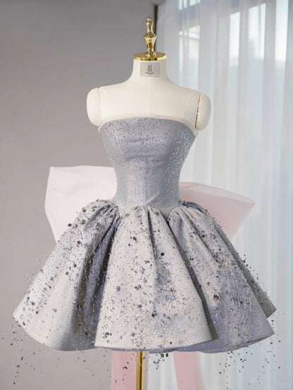 Classical Gray Beading Birthday Outfits Mini Dress Sparkly Sequins A-Line Pink Tulle Bow Homecoming Dress AP1049