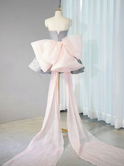 Classical Gray Beading Birthday Outfits Mini Dress Sparkly Sequins A-Line Pink Tulle Bow Homecoming Dress AP1049