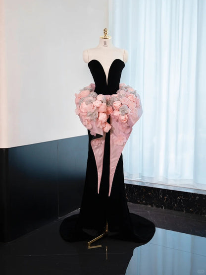 Graceful Black Velvet Strapless Mermaid Dress Pink 3D Flowers Waist Design Bodycon Prom Dress AP1050