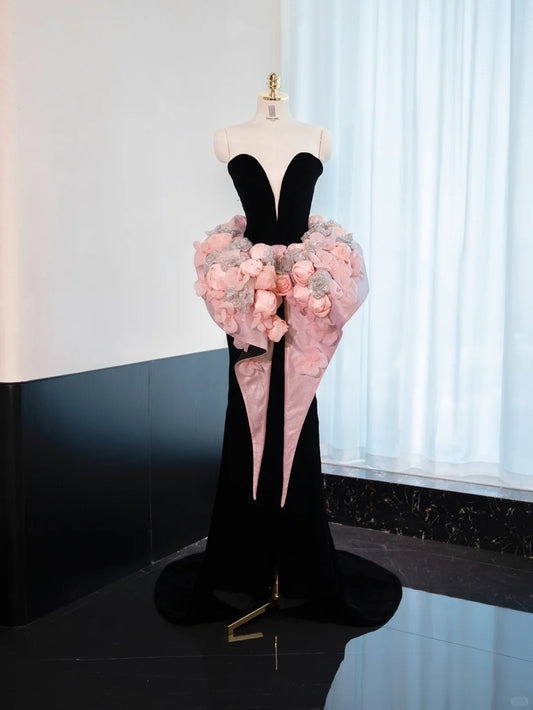 Graceful Black Velvet Strapless Mermaid Dress Pink 3D Flowers Waist Design Bodycon Prom Dress AP1050