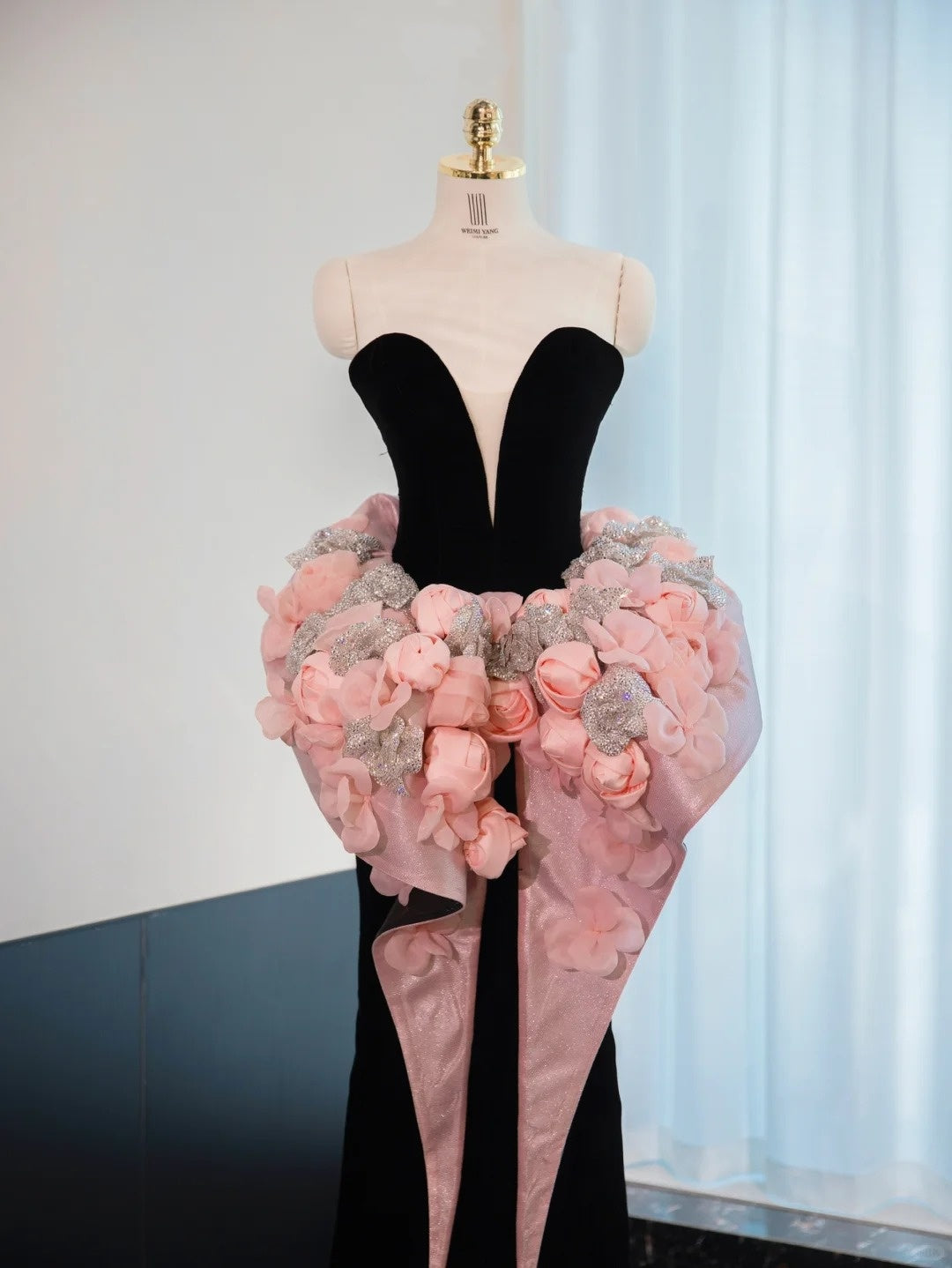 Graceful Black Velvet Strapless Mermaid Dress Pink 3D Flowers Waist Design Bodycon Prom Dress AP1050