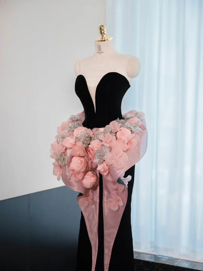 Graceful Black Velvet Strapless Mermaid Dress Pink 3D Flowers Waist Design Bodycon Prom Dress AP1050