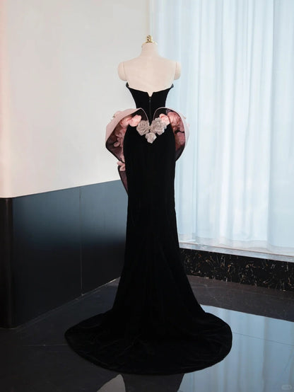 Graceful Black Velvet Strapless Mermaid Dress Pink 3D Flowers Waist Design Bodycon Prom Dress AP1050