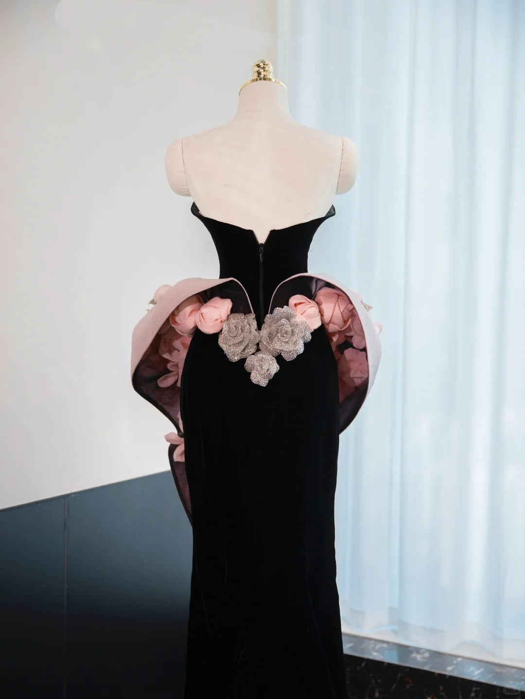 Graceful Black Velvet Strapless Mermaid Dress Pink 3D Flowers Waist Design Bodycon Prom Dress AP1050