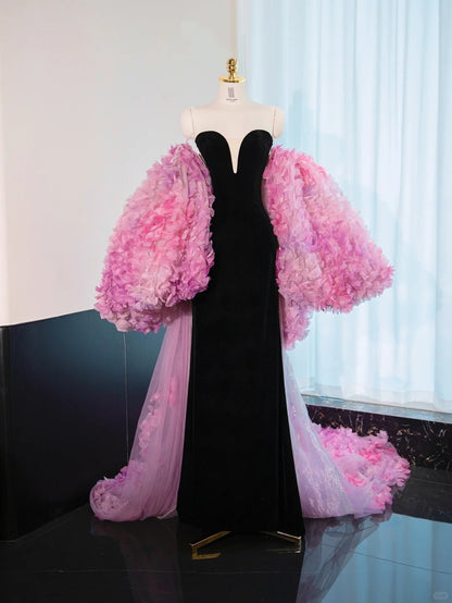 New Fashion Black Velvet V-Neck Maxi Dress Pink 3D Flowers Stole Design Prom Dress AP1051
