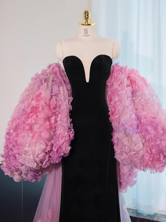 New Fashion Black Velvet V-Neck Maxi Dress Pink 3D Flowers Stole Design Prom Dress AP1051
