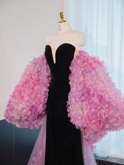 New Fashion Black Velvet V-Neck Maxi Dress Pink 3D Flowers Stole Design Prom Dress AP1051