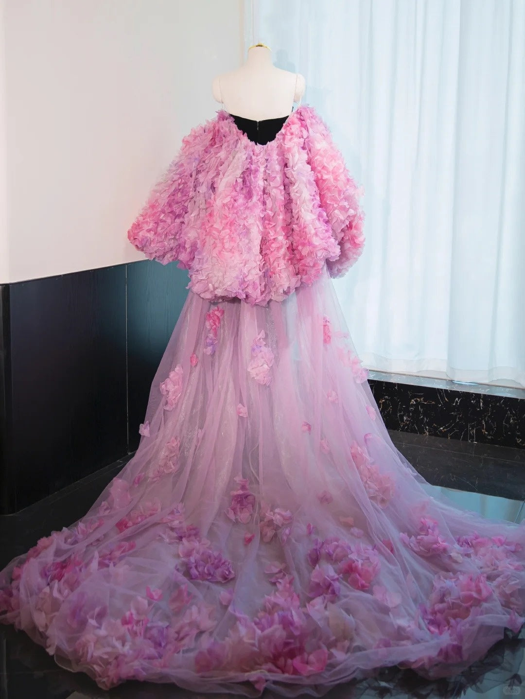 New Fashion Black Velvet V-Neck Maxi Dress Pink 3D Flowers Stole Design Prom Dress AP1051