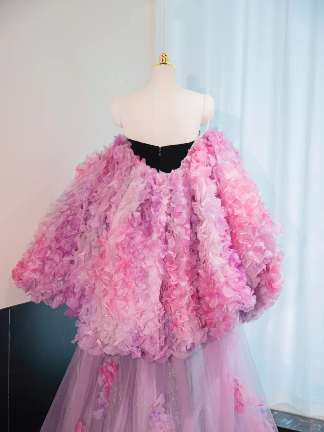 New Fashion Black Velvet V-Neck Maxi Dress Pink 3D Flowers Stole Design Prom Dress AP1051