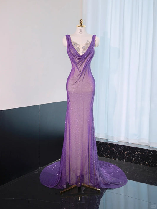 Sexy Glittering Sequins Mesh Overlay Purple Mermaid Dress Beading Backless Prom Dress AP1052