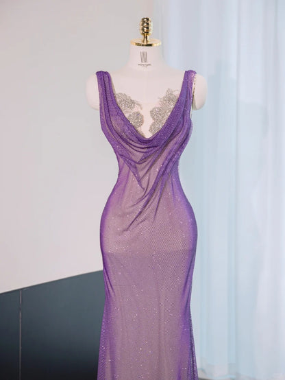 Sexy Glittering Sequins Mesh Overlay Purple Mermaid Dress Beading Backless Prom Dress AP1052
