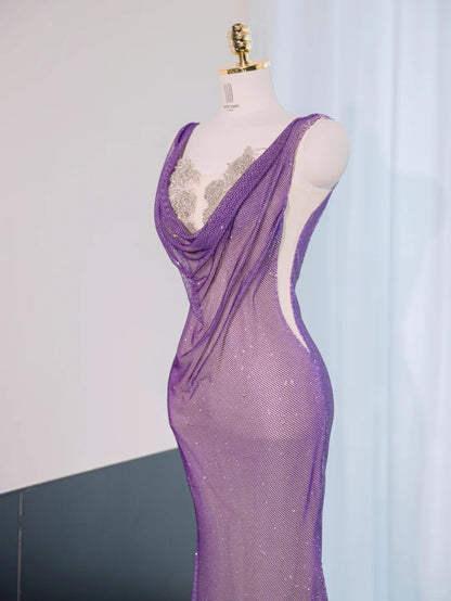 Sexy Glittering Sequins Mesh Overlay Purple Mermaid Dress Beading Backless Prom Dress AP1052