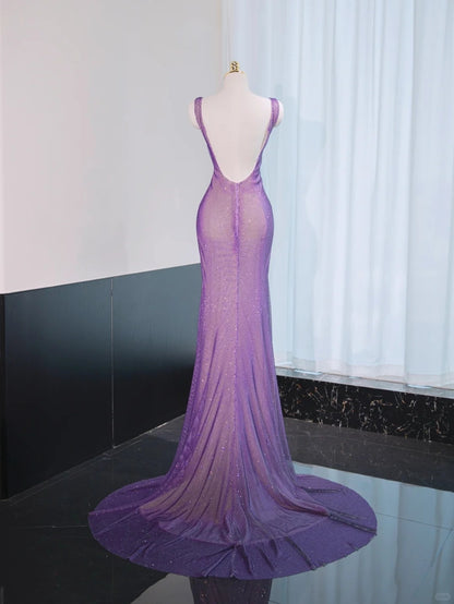 Sexy Glittering Sequins Mesh Overlay Purple Mermaid Dress Beading Backless Prom Dress AP1052
