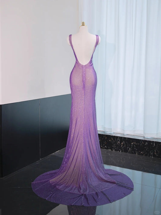 Sexy Glittering Sequins Mesh Overlay Purple Mermaid Dress Beading Backless Prom Dress AP1052
