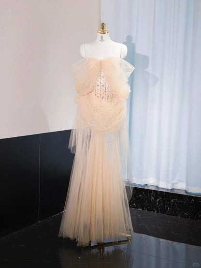 Chic Nude Tulle Strapless Maxi Dress Sweet 16 Beading Sparkling A-Line Prom Dress AP1053