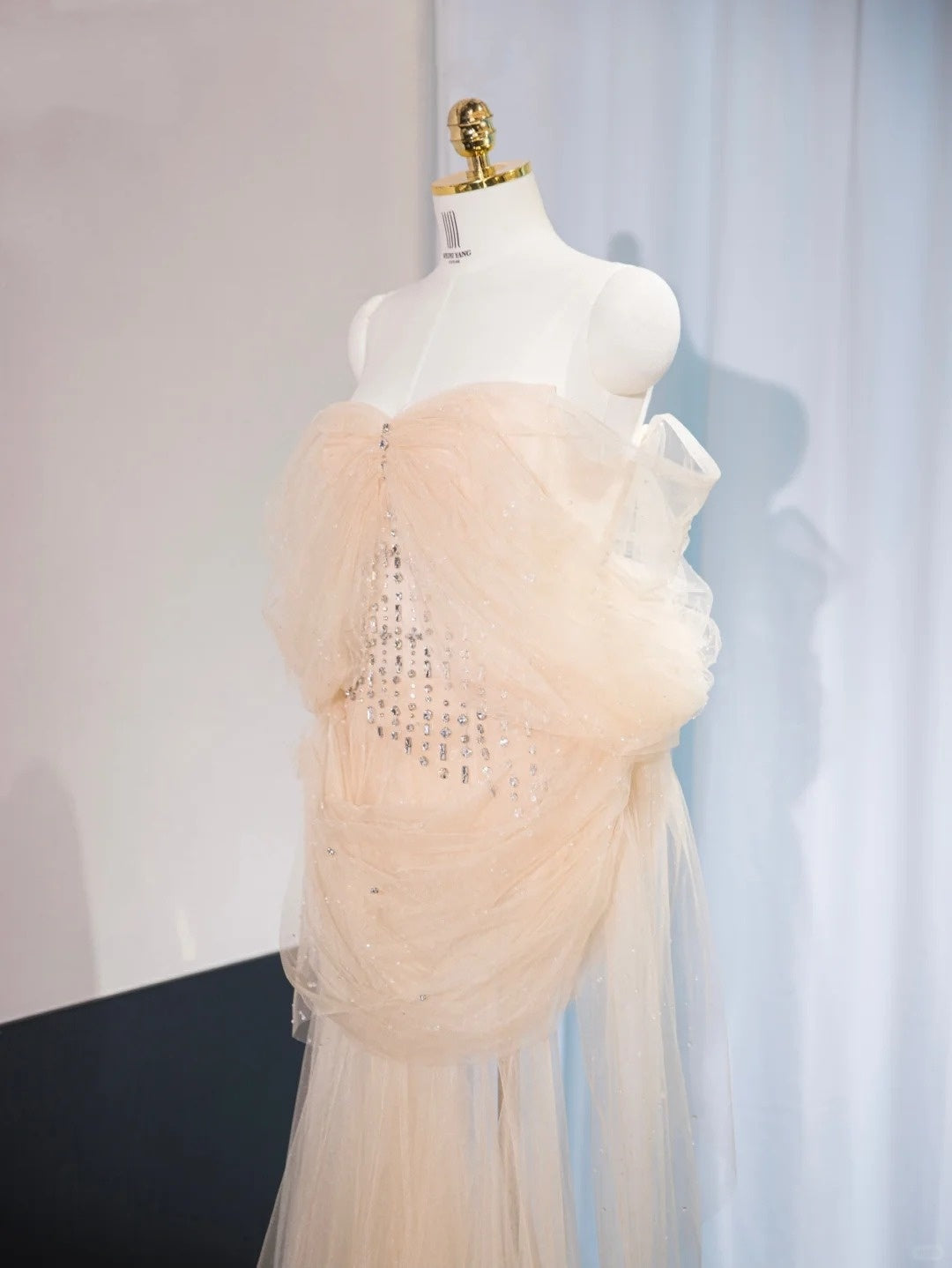 Chic Nude Tulle Strapless Maxi Dress Sweet 16 Beading Sparkling A-Line Prom Dress AP1053