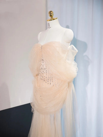 Chic Nude Tulle Strapless Maxi Dress Sweet 16 Beading Sparkling A-Line Prom Dress AP1053